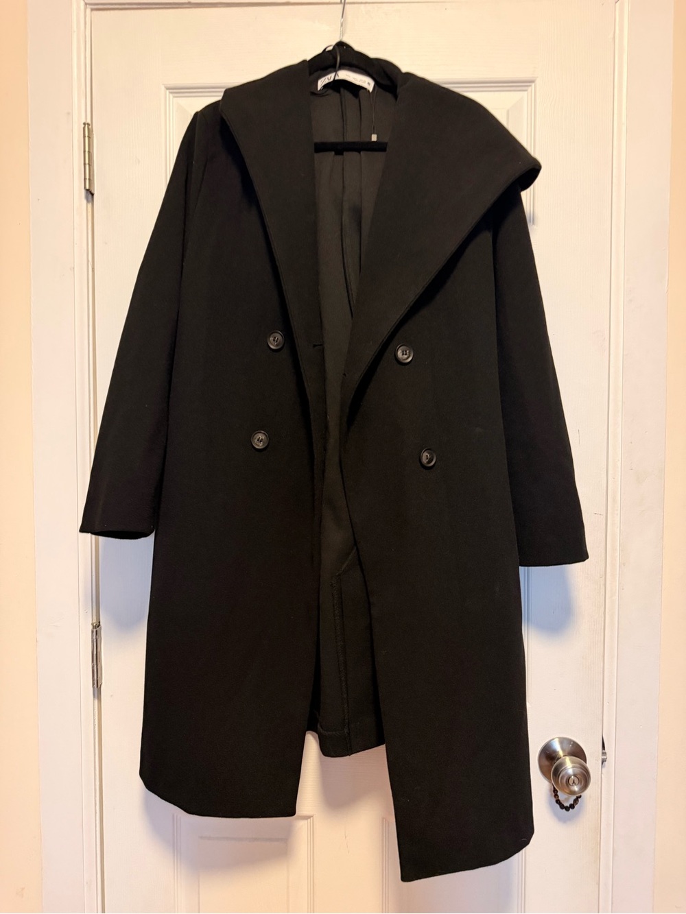 Zara Black Double-Breasted Hooded Trench Coat - Picture 2 of 5